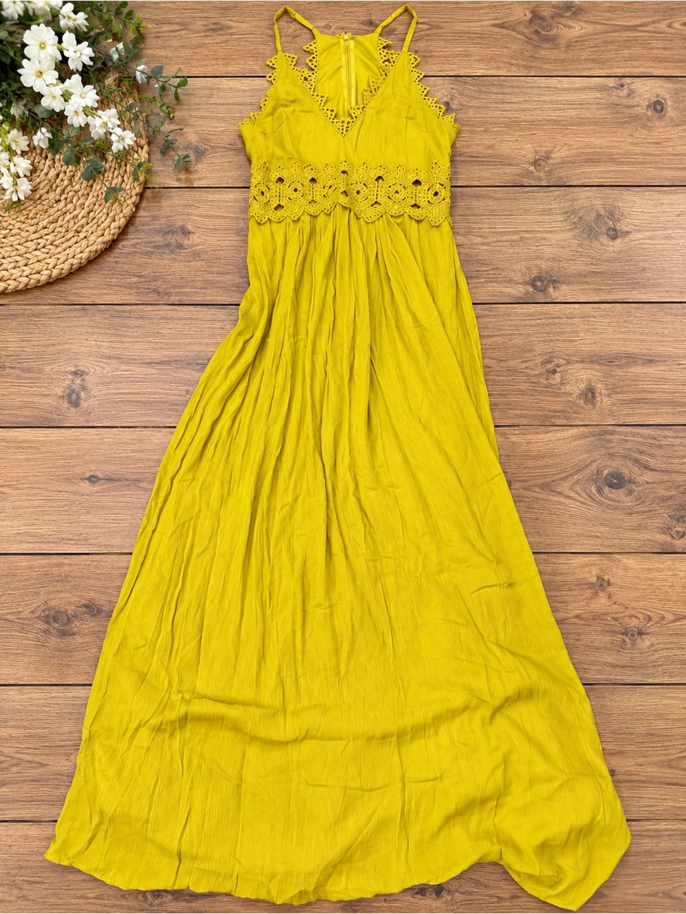Lulu's Mustard Crochet-Bodice Spaghetti-Strap Maxi Dress
